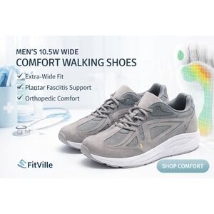 FitVille Men's 10.5W Wide Comfort Walking Shoes Gray Orthopedic Support Sneakers